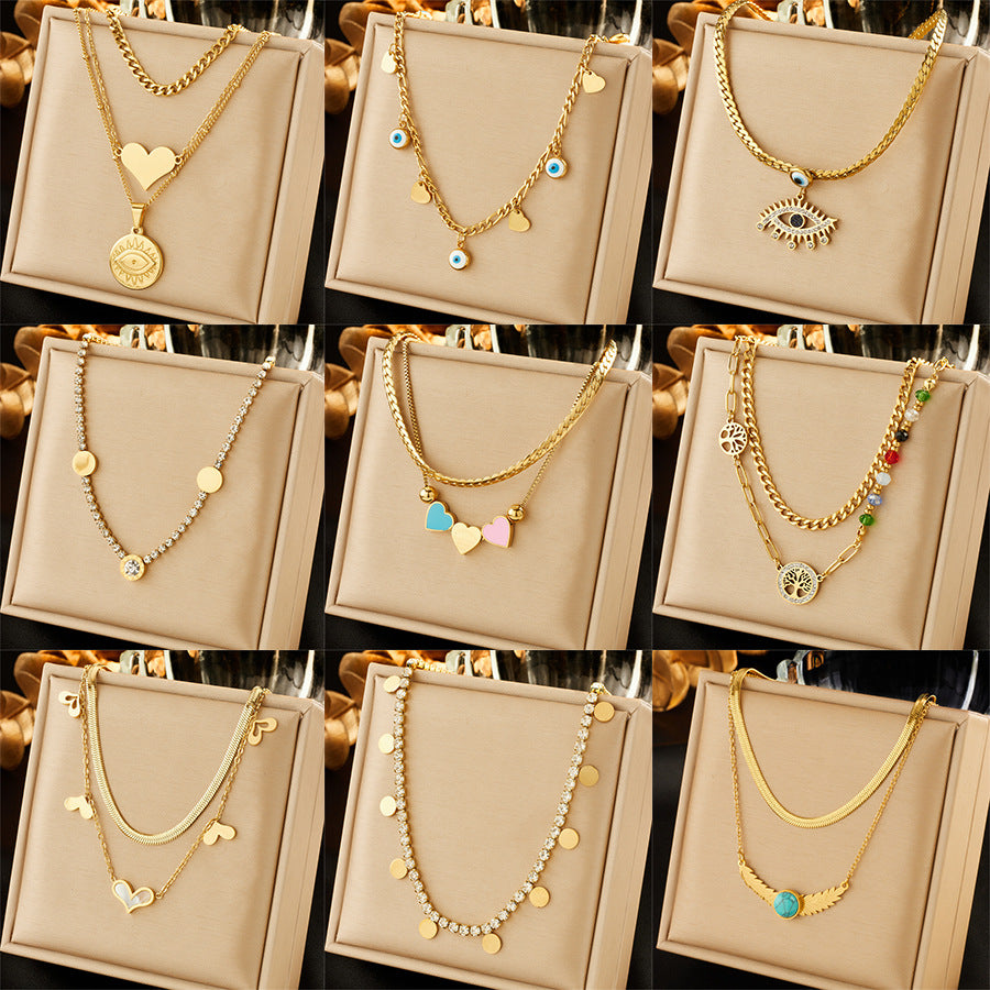 Jewelry Lady Heart Shape Eye Titanium Steel Zircon Plating Necklace