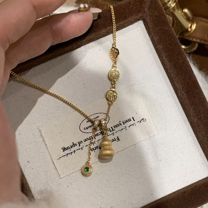 Gold-plated brushed craft lucky gourd necklace, women's yellow-gold Fulu tassel pendant, collarbone chain, gift for girlfriend