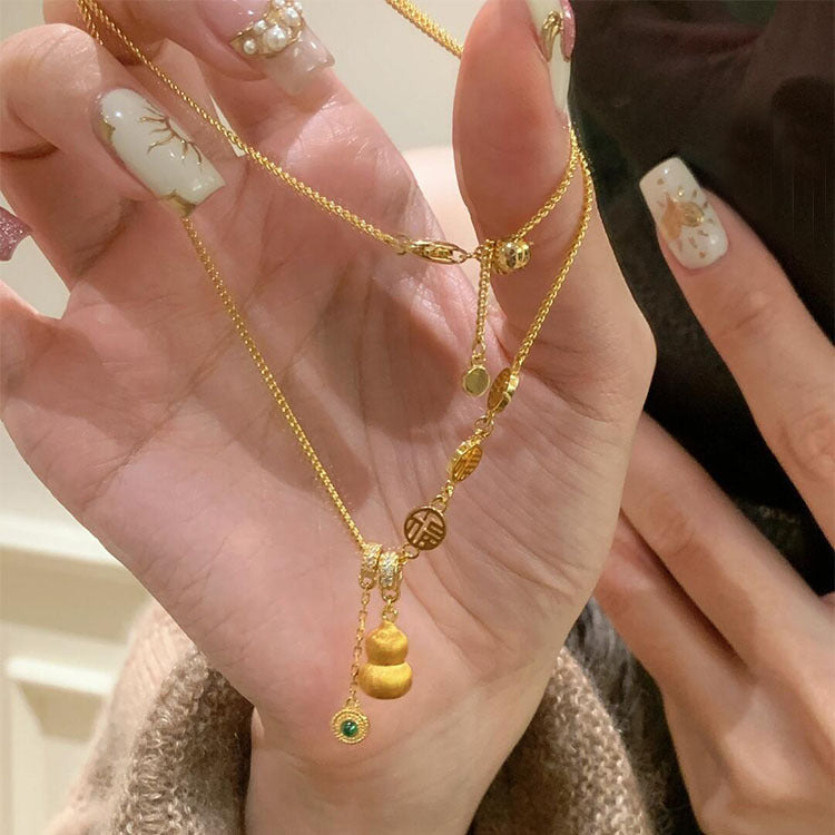Gold-plated brushed craft lucky gourd necklace, women's yellow-gold Fulu tassel pendant, collarbone chain, gift for girlfriend