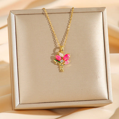 Jewelry Simple Style Tulip Titanium Steel Zircon Pendant Necklace