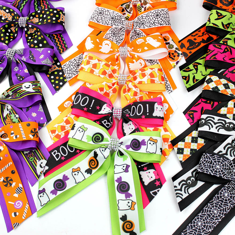 Girl'S Casual Pumpkin Bow Knot Ghost Cloth Inlay Rhinestones Hair Clip