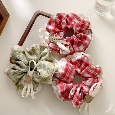 Women's Casual Preppy Style Lattice Bear Bow Knot Cloth Lace Hair Tie