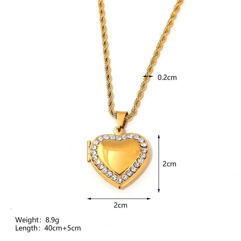 Jewelry IG Style envelope Heart Shape Titanium Steel Zircon Gold Plated Inlay Pendant Necklace