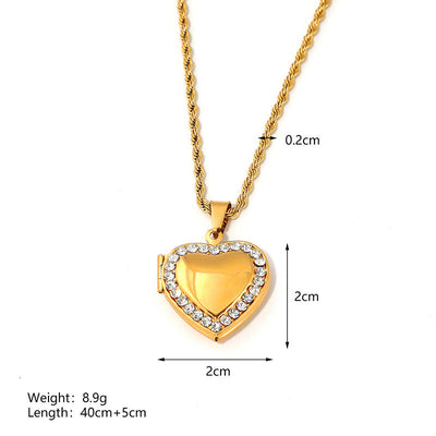 Jewelry IG Style envelope Heart Shape Titanium Steel Zircon Gold Plated Inlay Pendant Necklace