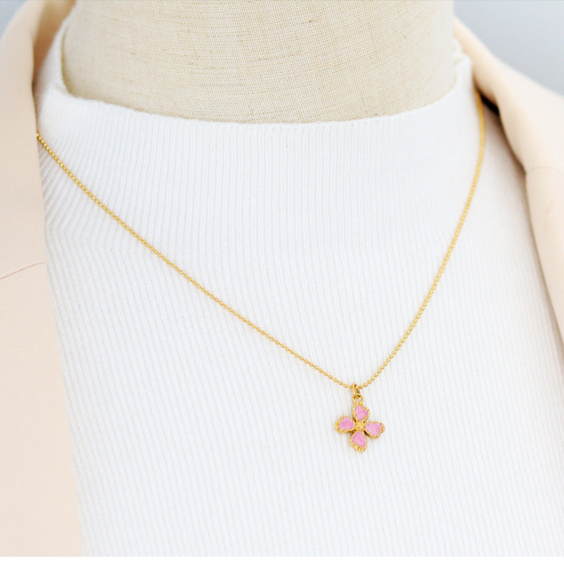 Jewelry Casual Retro French Style Leaf Flower Titanium Steel Enamel Pendant Necklace