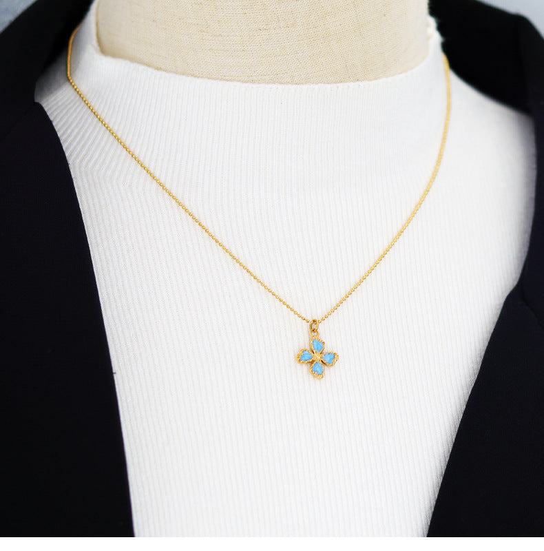 Jewelry Casual Retro French Style Leaf Flower Titanium Steel Enamel Pendant Necklace