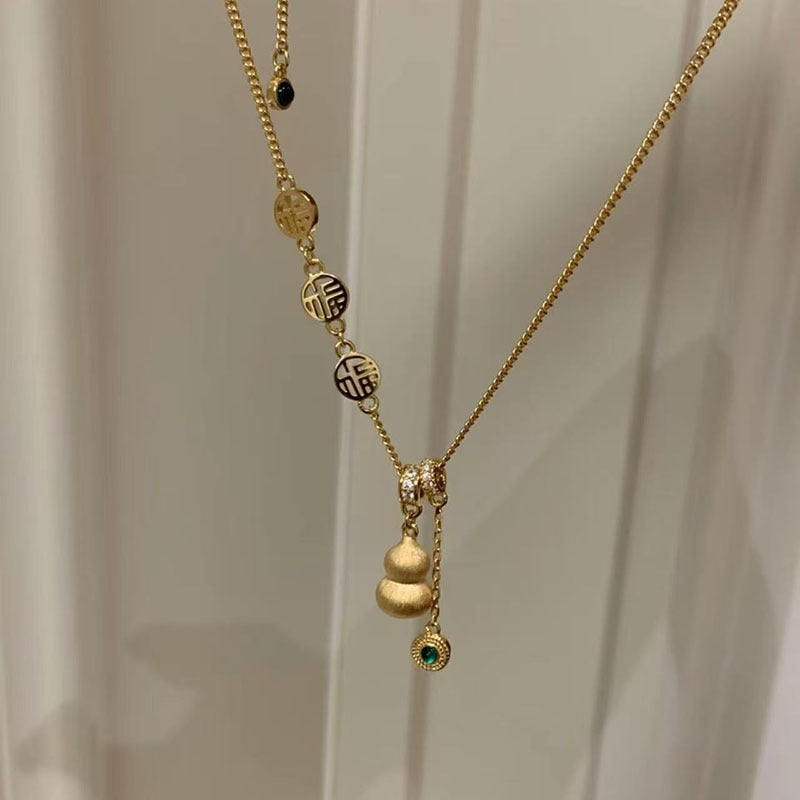 Gold-plated brushed craft lucky gourd necklace, women's yellow-gold Fulu tassel pendant, collarbone chain, gift for girlfriend