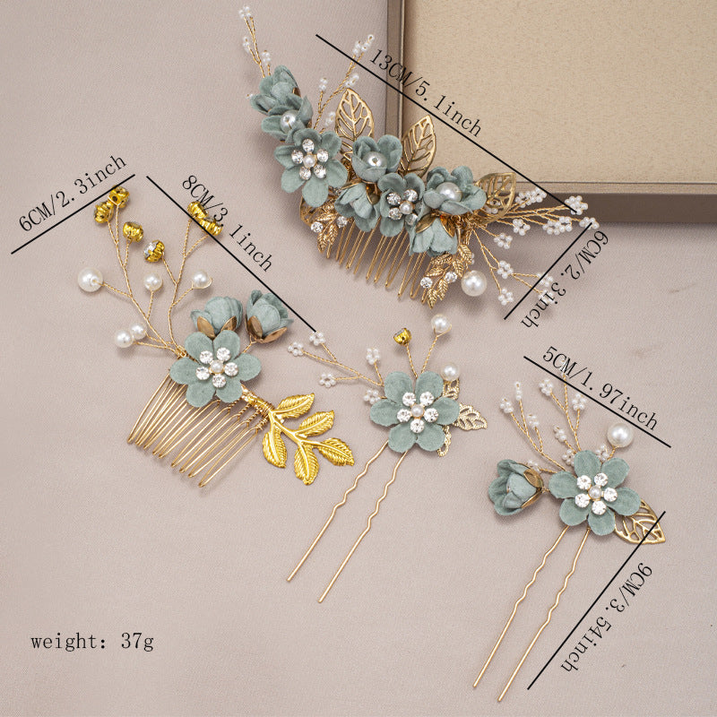 Women's IG Style Sweet Flower Cloth Metal Handmade Pearl Inlay Rhinestones Insert comb