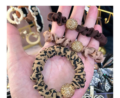 fashion solid color leopard cloth pearl inlay rhinestones hair tie 1 piece