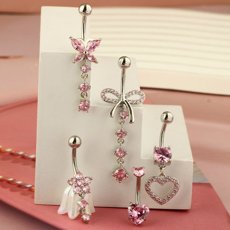 1 Piece 1 Set Belly Rings Hip-Hop Heart Shape 316 Stainless Steel  Inlay Zircon Belly Rings