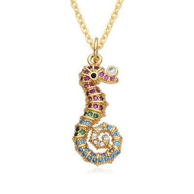 Copper Inlay Hippocampus Zircon Pendant Necklace
