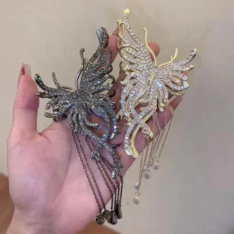 elegant fashion butterfly alloy tassel inlay artificial pearls rhinestones hair clip