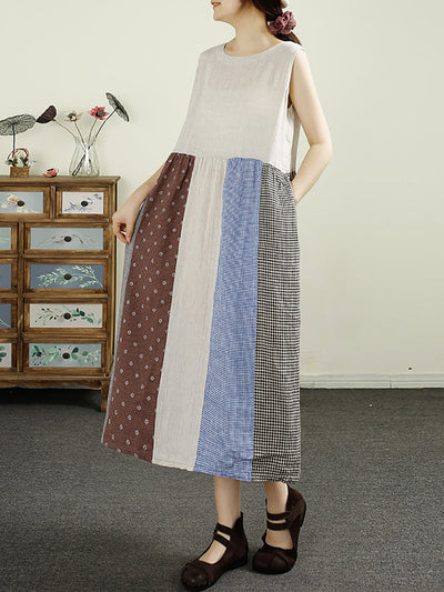 Plus Size Women Summer Plaid Spliced 100%Linen Vest Dress