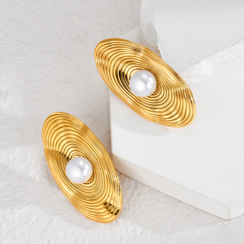 1 Pair Artistic Geometric Bow Knot Rectangle Inlay 304 Stainless Steel Pearl 18K Gold Plated Ear Studs