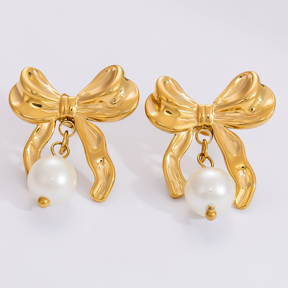 1 Pair Simple Style Commute Heart Shape Flower Bow Knot Plating 304 Stainless Steel Drop Earrings