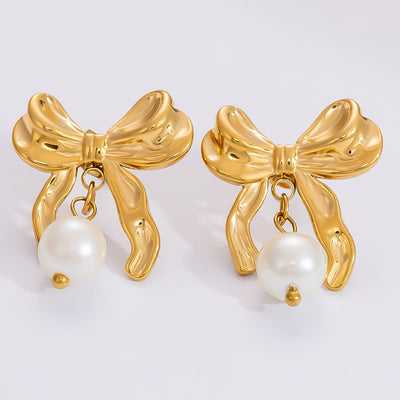 1 Pair Simple Style Commute Heart Shape Flower Bow Knot Plating 304 Stainless Steel Drop Earrings