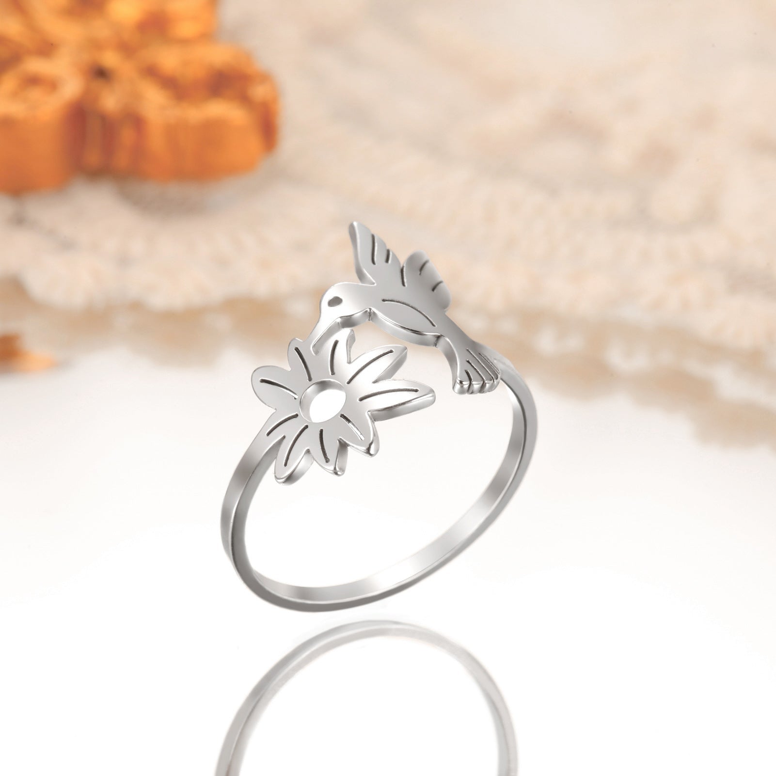 Jewelry Cute Flower Bird 304 Stainless Steel 18K Gold Plated Hollow Out Rings