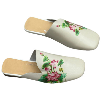 Women Vintage Flower Print Soft Leather Low Heel Slippers