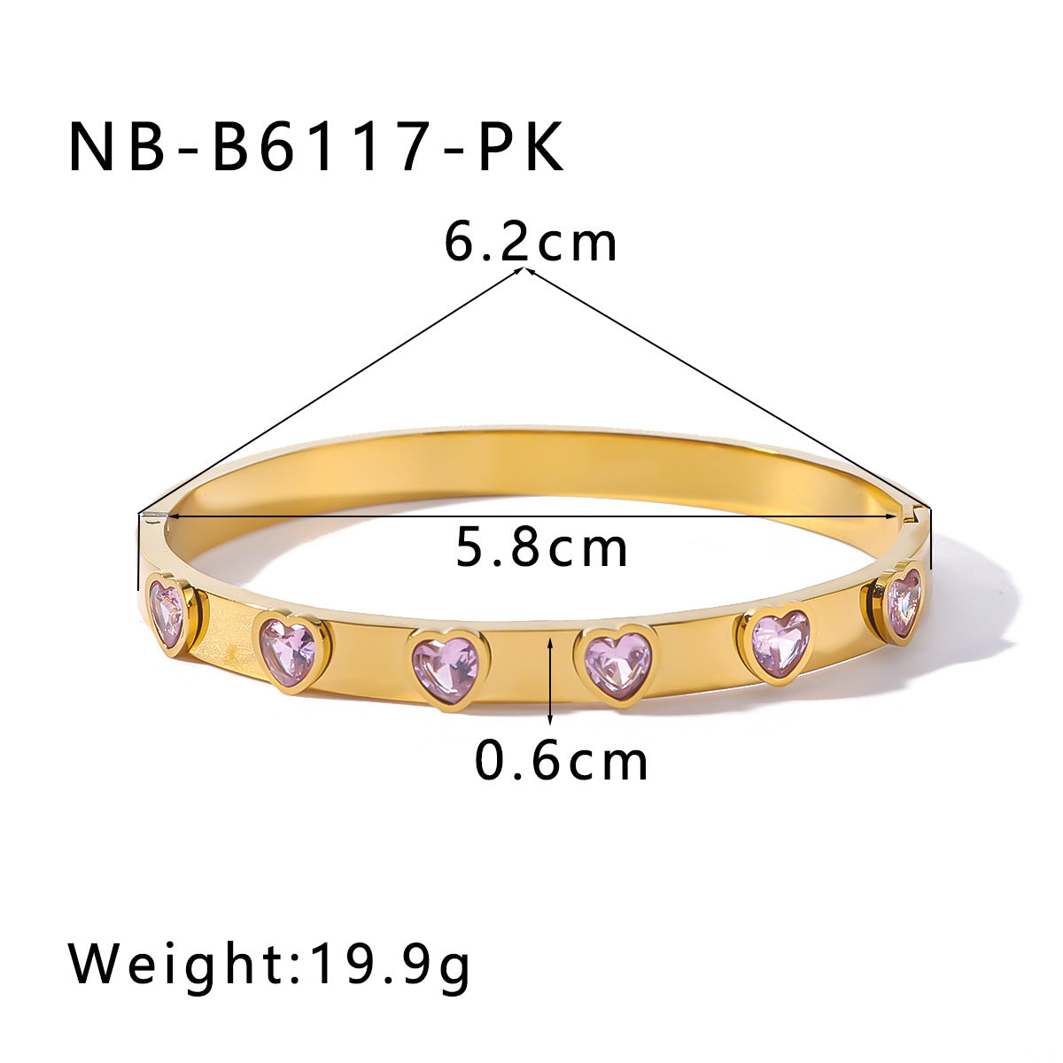 IG Style Shiny Heart Shape 304 Stainless Steel 18K Gold Plated Zircon Bangle In Bulk