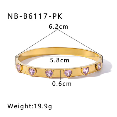 IG Style Shiny Heart Shape 304 Stainless Steel 18K Gold Plated Zircon Bangle In Bulk