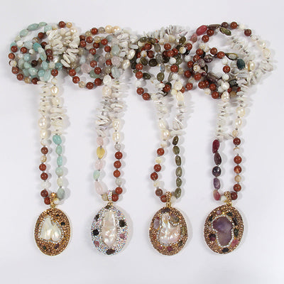 Bohemian Geometric natural stone Beaded Chain Pendant Necklace In Bulk