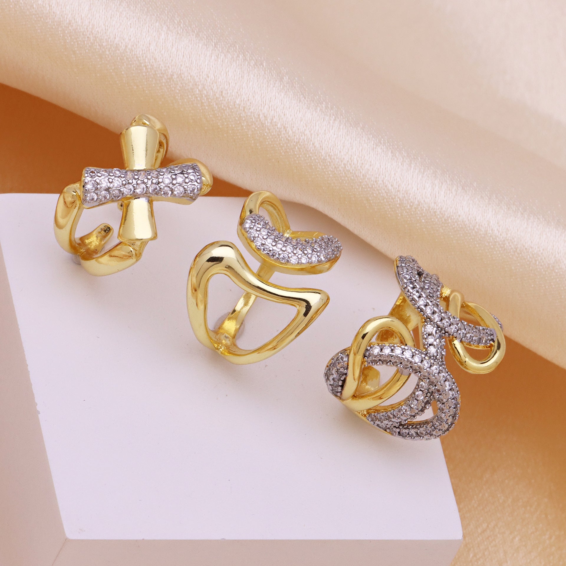 Jewelry IG Style Geometric Copper Zircon 18K Gold Plated Mixed Metal Inlay Open Rings