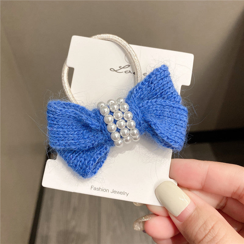 autumn and winter new bow wool simple headband female online influencer ins rubber band female hair tie pearl tie waist hair ring