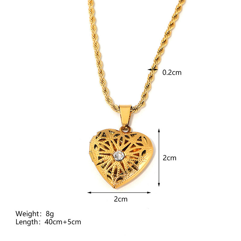 Jewelry IG Style envelope Heart Shape Titanium Steel Zircon Gold Plated Inlay Pendant Necklace
