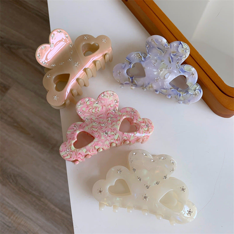Women's Sweet Heart Shape Acetic acid sheets Hollow Out Inlay Rhinestones Hair Claws