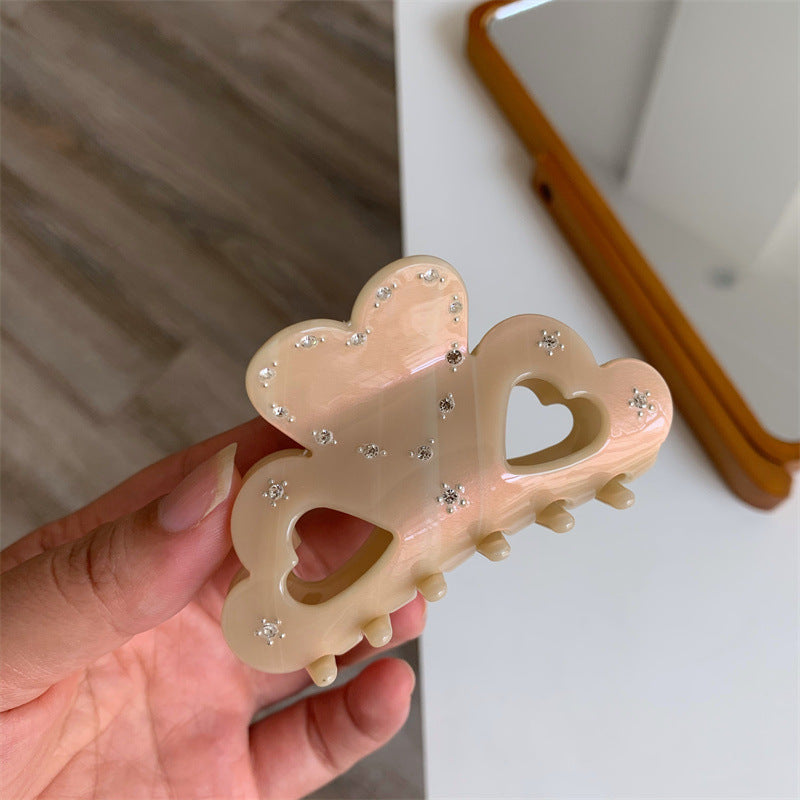 Women's Sweet Heart Shape Acetic acid sheets Hollow Out Inlay Rhinestones Hair Claws