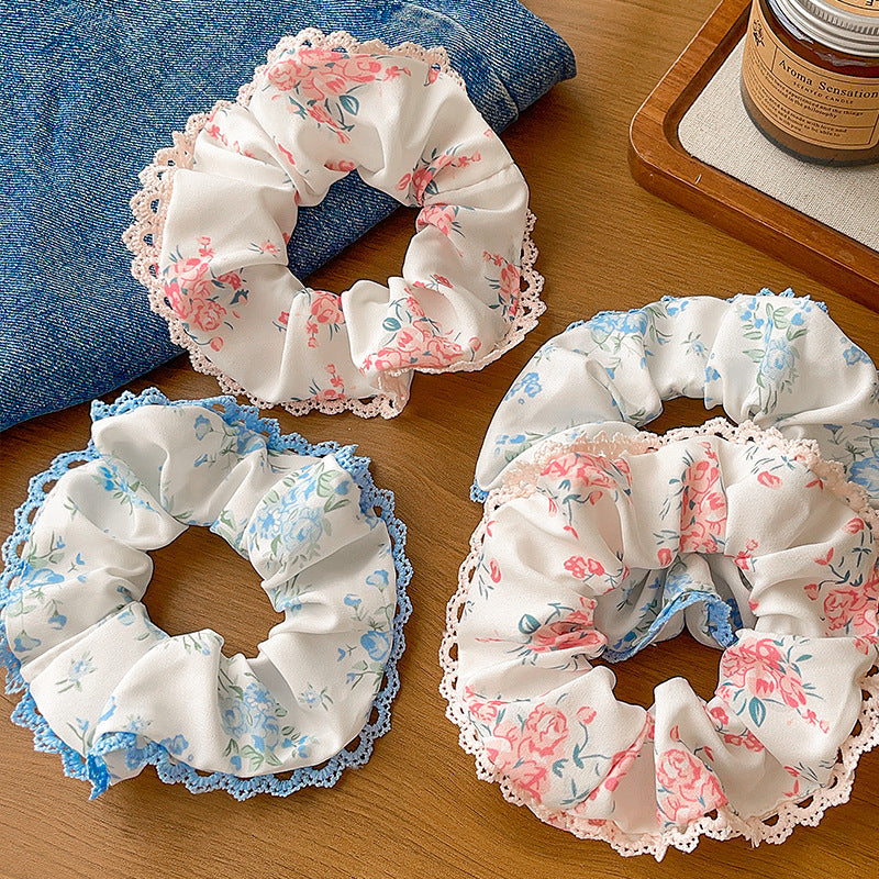 Women's Japanese Style Sweet Pastoral Flower Cloth Rib-Knit Lace Hair Tie