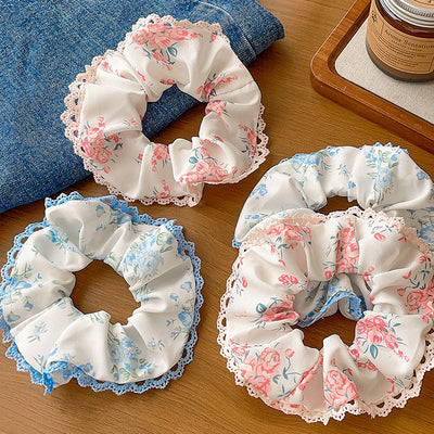 Women's Japanese Style Sweet Pastoral Flower Cloth Rib-Knit Lace Hair Tie
