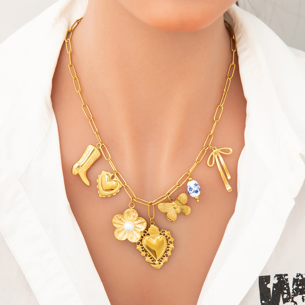 Jewelry Elegant Classic Style Heart Shape Flower 304 Stainless Steel Plating Multi Charms Necklace