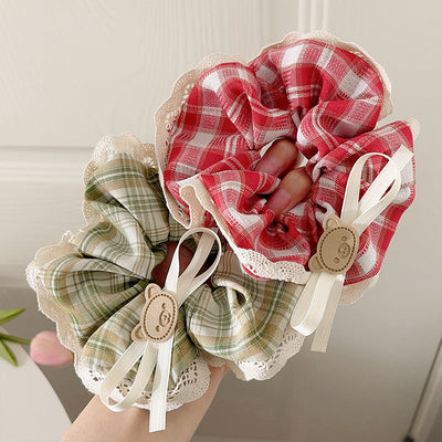 Women's Casual Preppy Style Lattice Bear Bow Knot Cloth Lace Hair Tie