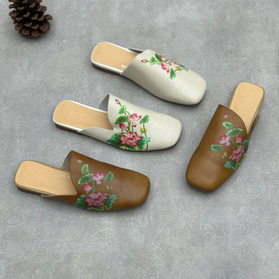 Women Vintage Flower Print Soft Leather Low Heel Slippers
