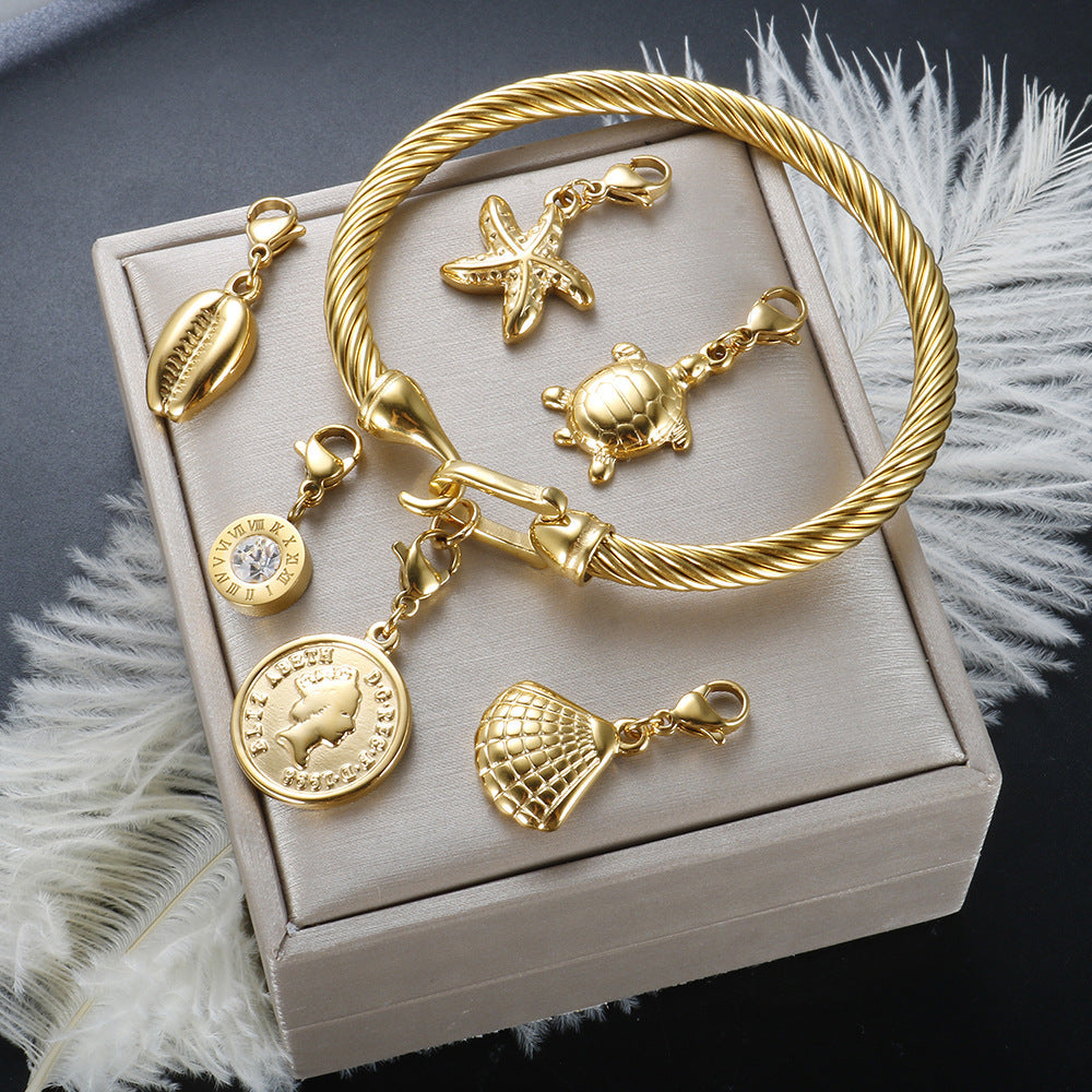 Marine Style Starfish Heart Shape Shell Titanium Steel Bangle In Bulk