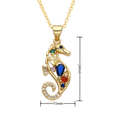 Copper Inlay Hippocampus Zircon Pendant Necklace