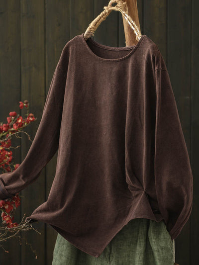 Women Autumn Retro Pure Color Cotton Blouse