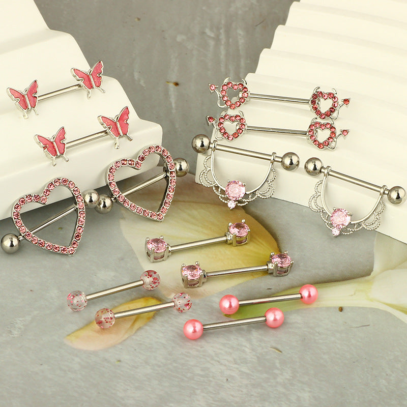 1 Pair Nipple Rings & Studs Hip-Hop Shiny Heart Shape Flower Butterfly 316L Stainless Steel  Copper Inlay Zircon Nipple Rings & Studs