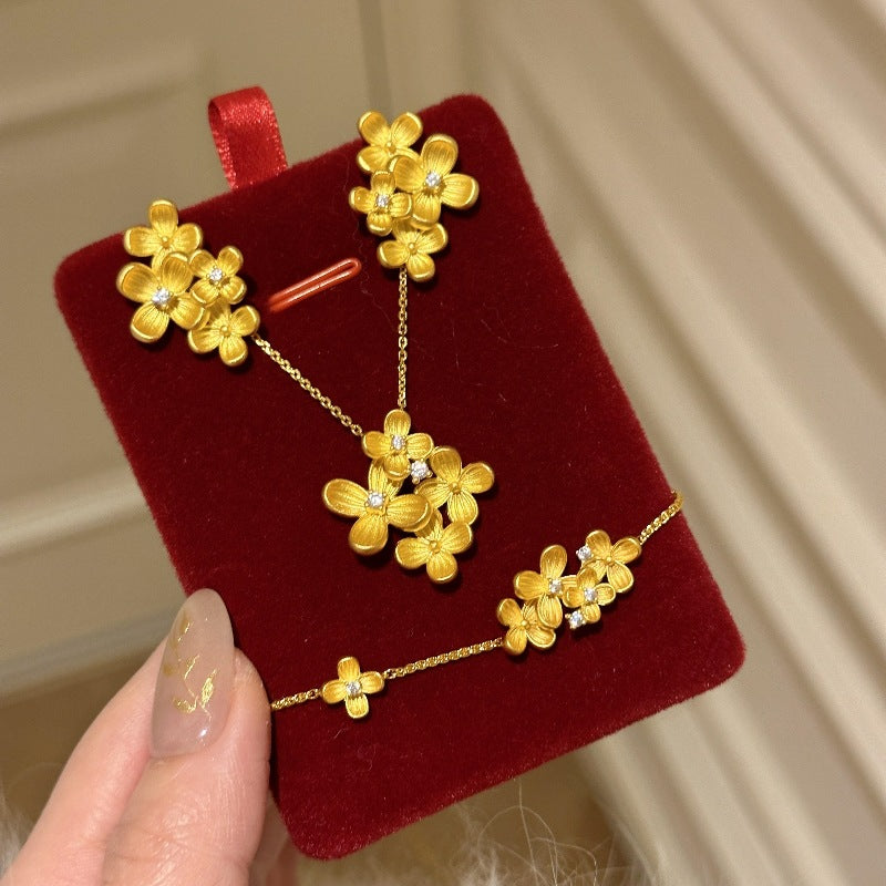 Light luxury retro brushed osmanthus diamond stud earrings bracelet necklace new Chinese style high-end exquisite jewelry set