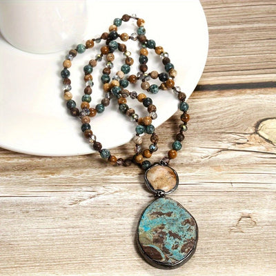Retro Geometric natural stone Beaded Chain Pendant Necklace In Bulk