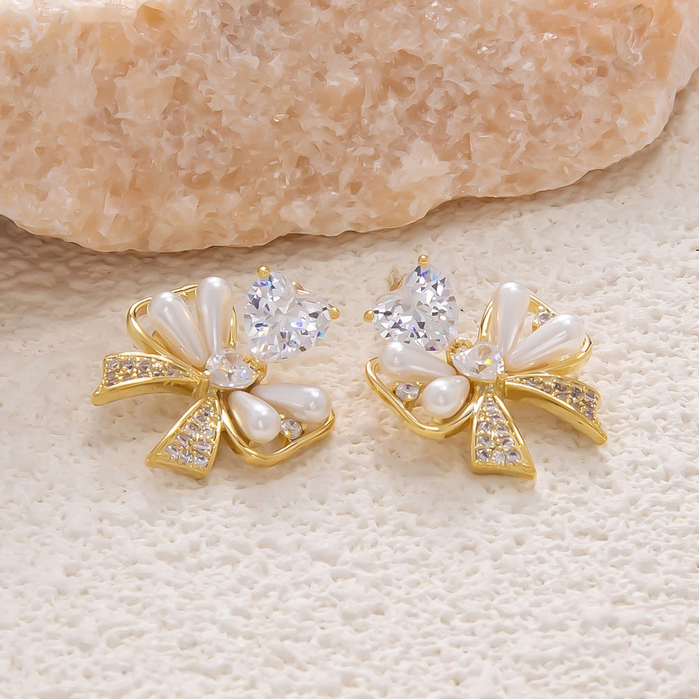 1 Pair Elegant Streetwear Bow Knot Plating Copper Zircon Drop Earrings Ear Studs