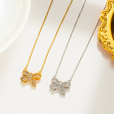 Jewelry Simple Style Bow Knot Titanium Steel Zircon Inlay Pendant Necklace