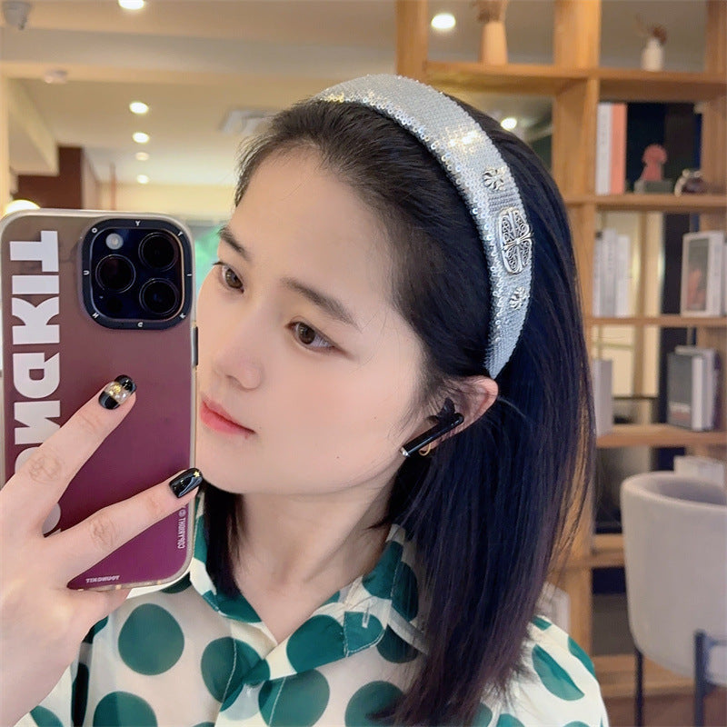 High-Grade French Headband  Internet Celebrity  Fengshui Diamond Letter H Hairpin Special-Interest Design Sequ Headband Hair Accessories
