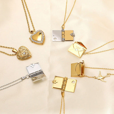 Jewelry IG Style envelope Heart Shape Titanium Steel Zircon Gold Plated Inlay Pendant Necklace