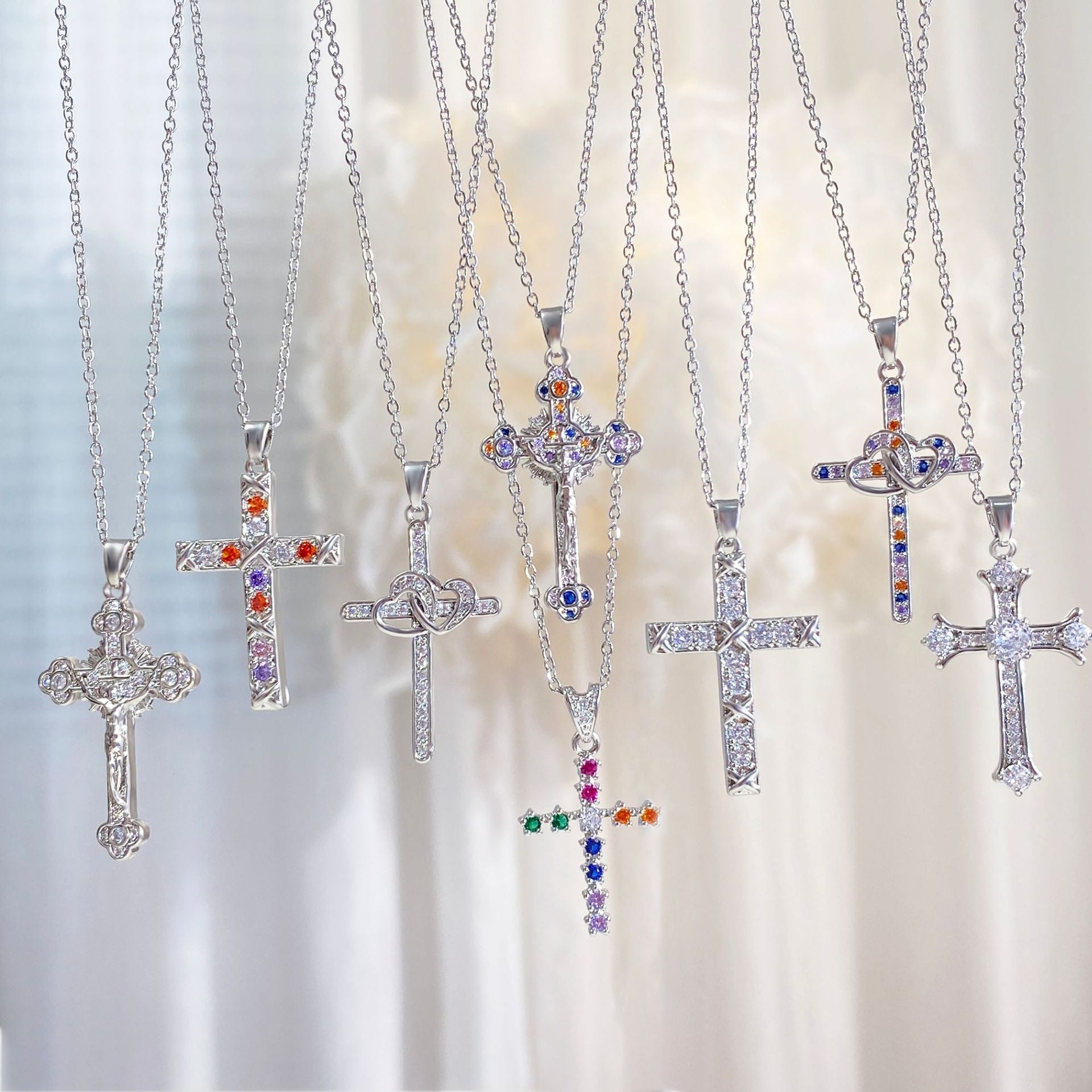 Copper cable chain Plating Cross Zircon Pendant Necklace