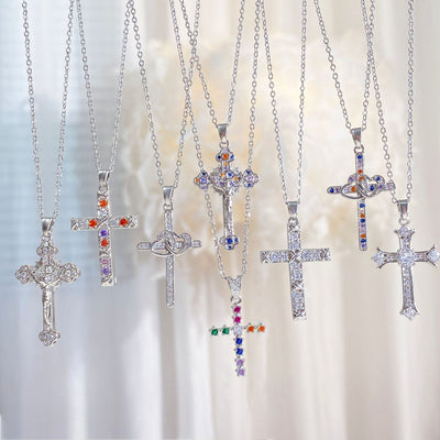 Copper cable chain Plating Cross Zircon Pendant Necklace
