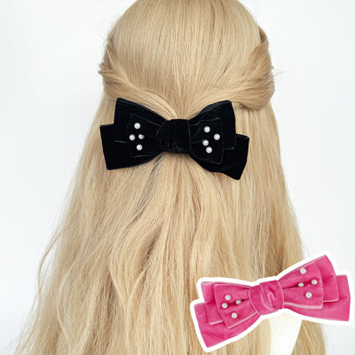 Women's Basic Bow Knot Flocking Inlaid Pearls Hair Clip