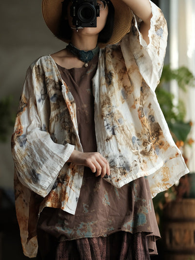 Women Summer Vintage Print O-Neck Thin Ramie Shirt