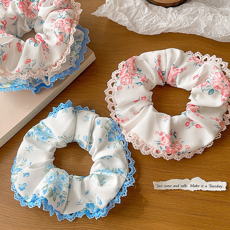 Women's Japanese Style Sweet Pastoral Flower Cloth Rib-Knit Lace Hair Tie